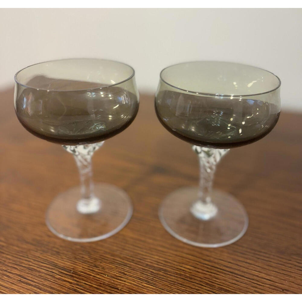 Sasaki Coronation Smoke Gray Champagne Coupes glasses w Clear stems Set of 2